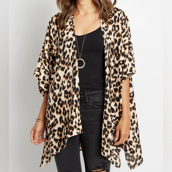 Maurices Brown & Black Leopard Print Open Front Kimono One Size Women’s - Picture 1 of 9